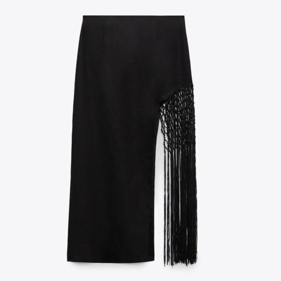 Zara Black Midi Skirt with Fringe Detail - Picture 12 of 13